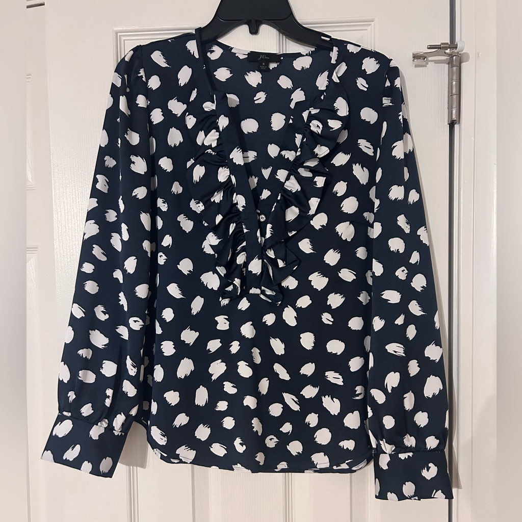 J. Crew Navy And White Ruffle V-Neck Blouse